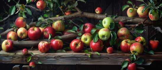 Red and green Apples showcased on a wooden table and hanging from tree branches - Embracing the essence of Autumn and Harvest in an Apple garden.