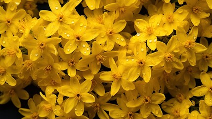 Obraz premium Solidago flowers pattern background. Close-up of vibrant yellow flowers with water droplets on petals. Full screen filled.