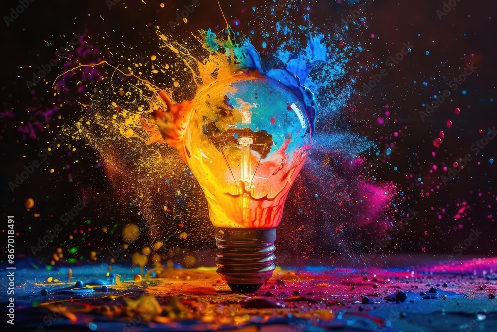 Poster exploding lightbulb bursting with colorful paint symbolic creativity concept highspeed capture froze