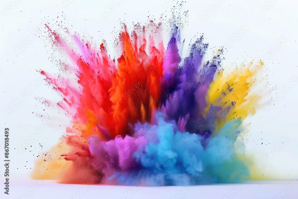 Poster explosive burst of vibrant powder paint frozen in time against stark white backdrop rainbow hues col