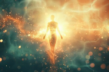 Naklejka premium ethereal figure emerging from a glowing orb radiating hope and inspiration soft luminous particles surround the silhouette creating an uplifting and spiritual atmosphere