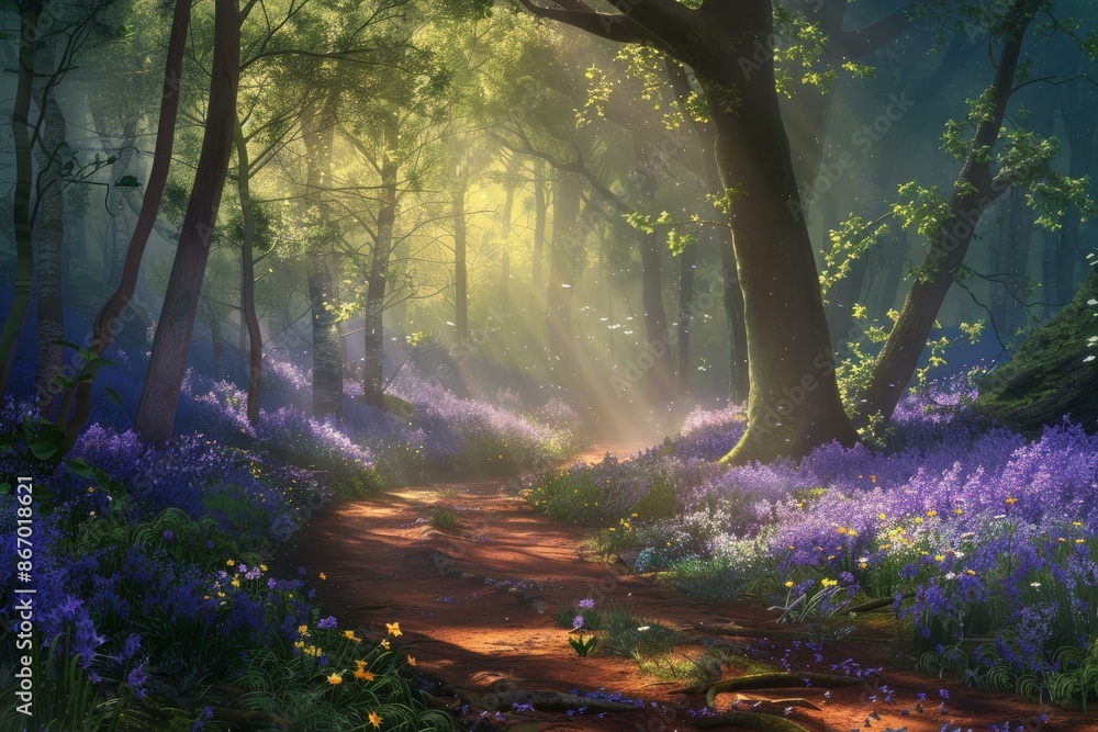 Aufkleber sunlight is filtering through the trees and illuminating a dirt path lined with bluebells