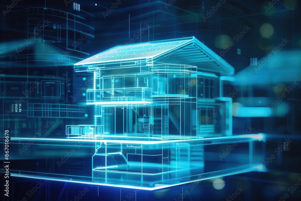 Poster futuristic 3d holographic house blueprint floating in midair showcasing transparent walls smart home