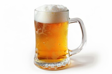 frosty mug of golden beer with perfect foam head isolated on crisp white background showcasing rich color and refreshing condensation