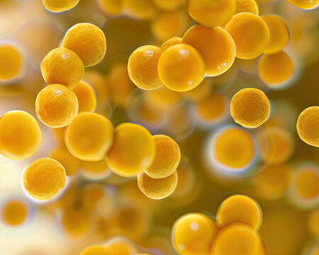 Golden yellow Staphylococcus aureus, spherical clusters, floating in clear liquid, detailed cellular background.