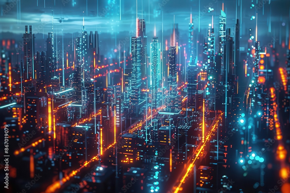 Poster futuristic cityscape interconnected iot devices holographic data streams glowing network nodes sleek