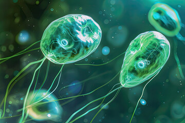 Tear-shaped Giardia lamblia, light green and blue, floating in a watery background with soft lighting and ripples.