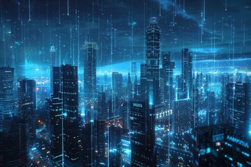 Obraz premium futuristic cityscape with holographic data streams flowing between skyscrapers illuminating the night sky with a ethereal blue glow symbolizing advanced cloud computing