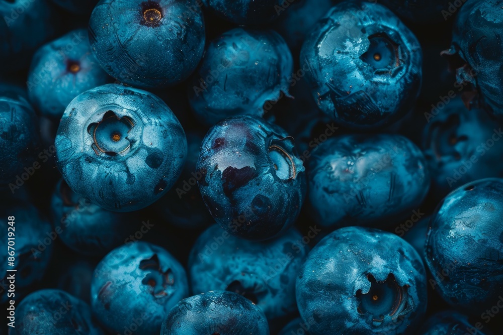 Poster freshly washed blueberries are piled on top of each other, creating an interesting textured backgrou