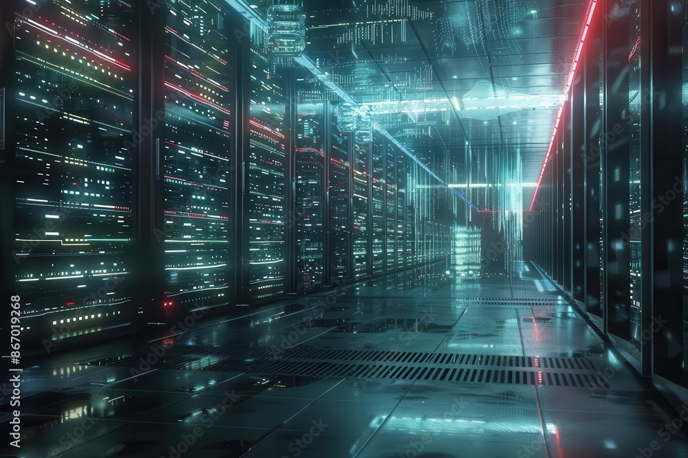 Aufkleber futuristic data center with rows of sleek black servers glowing fiber optic cables weave through the