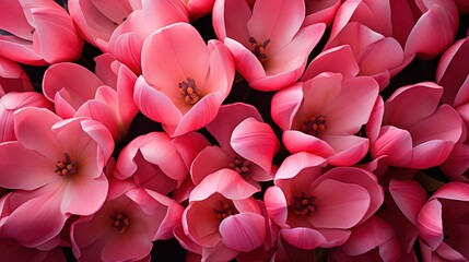 Tulip flowers pattern background. A close-up view of a cluster of vibrant pink tulips in full bloom, showcasing their delicate petals and intricate details. Full screen filled.