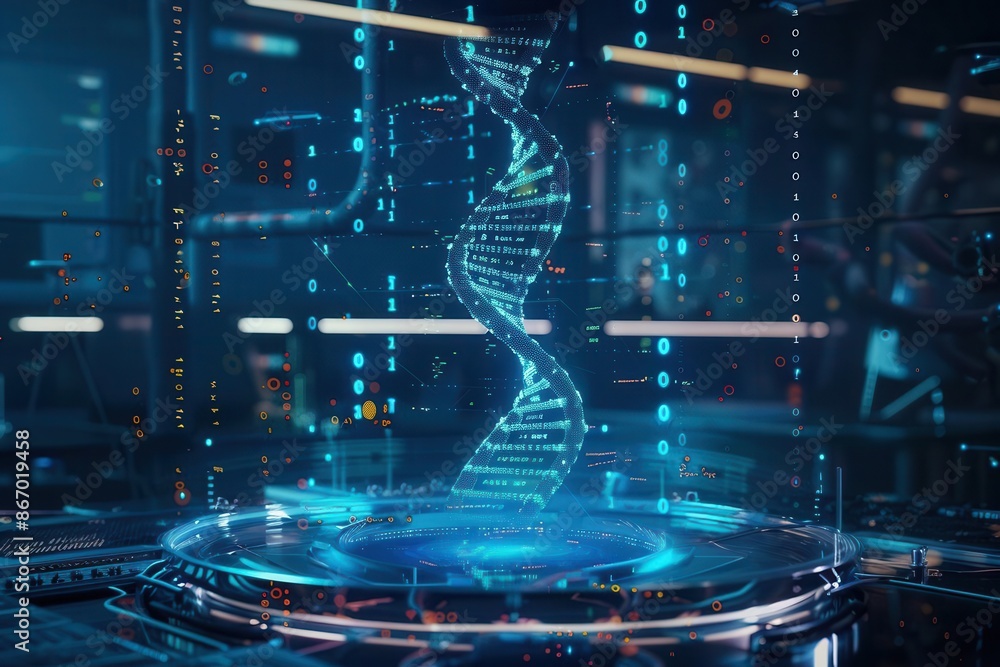 Aufkleber futuristic medical hologram displaying a 3d dna helix surrounded by floating data points and genetic