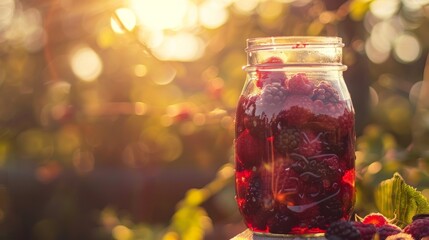 The golden afternoon sun shines through a mason jar filled with sweet and tangy foraged berry preserves displaying the rich hues of the fruits.