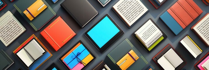 Colorful e-readers and tablets displaying digital educational materials and e-textbooks. Modern digital learning for online schools and e-book publishers. Generative AI