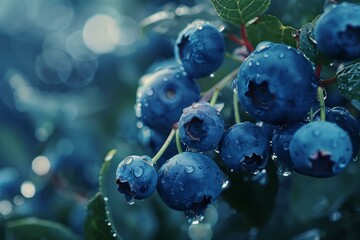 Close up of blueberries growing on the branch covered in dew drops in a blueberry field