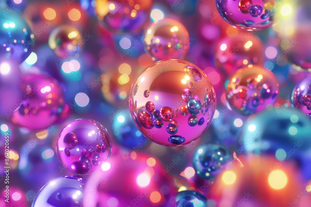 Poster abstract 3d rendering of iridescent floating orbs vibrant colors glossy surfaces futuristic and ethe
