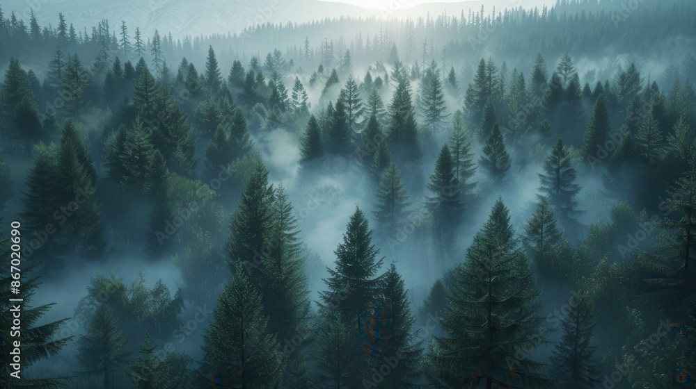 Poster a serene aerial view of a forest landscape at dawn, with the first rays of sunlight illuminating the