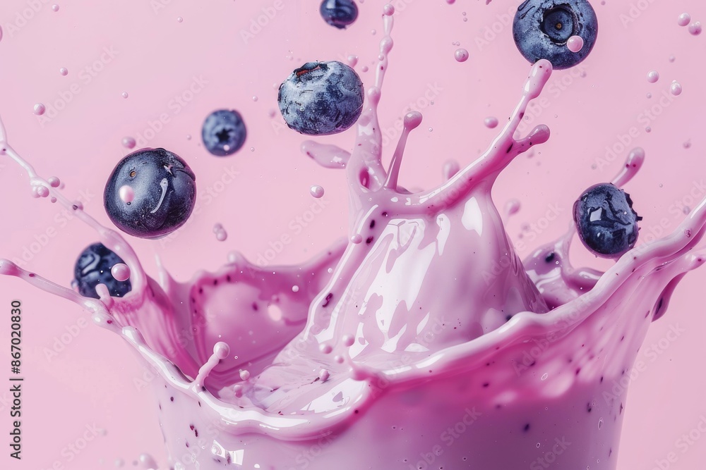 Poster refreshing image of blueberries splashing into creamy yogurt, creating a dynamic and appetizing visu