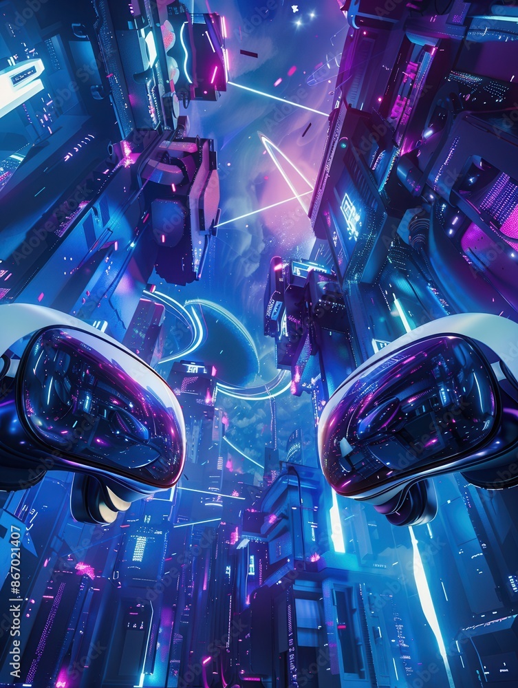Aufkleber two vr headsets are positioned against a vibrant backdrop of a futuristic city, showcasing the immer