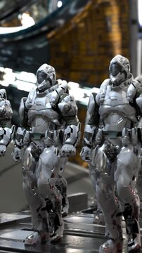 space soldiers, a squad of stormtrooper guards marching through the space station, cyborgs sci-fi style, 3D rendering