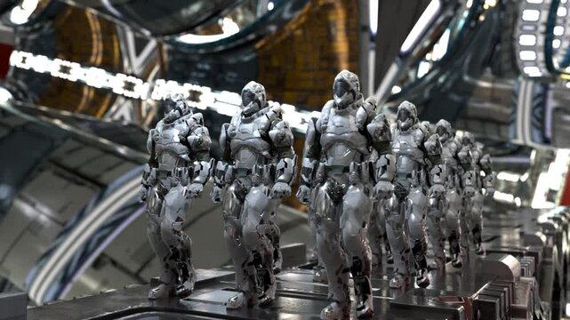 space soldiers, a squad of stormtrooper guards marching through the space station, cyborgs sci-fi style, 3D rendering