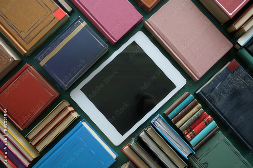Leinwandbilder a flat lay image showcasing a tablet computer and various books, symbolizing the blend of modern and
