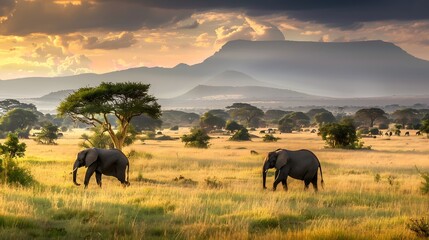 A herd of wild elephants walk through the savanna of Tarangire National Park in Tanzania, East Africa. 