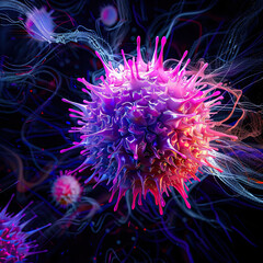 Artistic HIV virus, neon pink and purple, spherical with spikes, floating in a dark, surreal background featuring swirling patterns and digital effects.