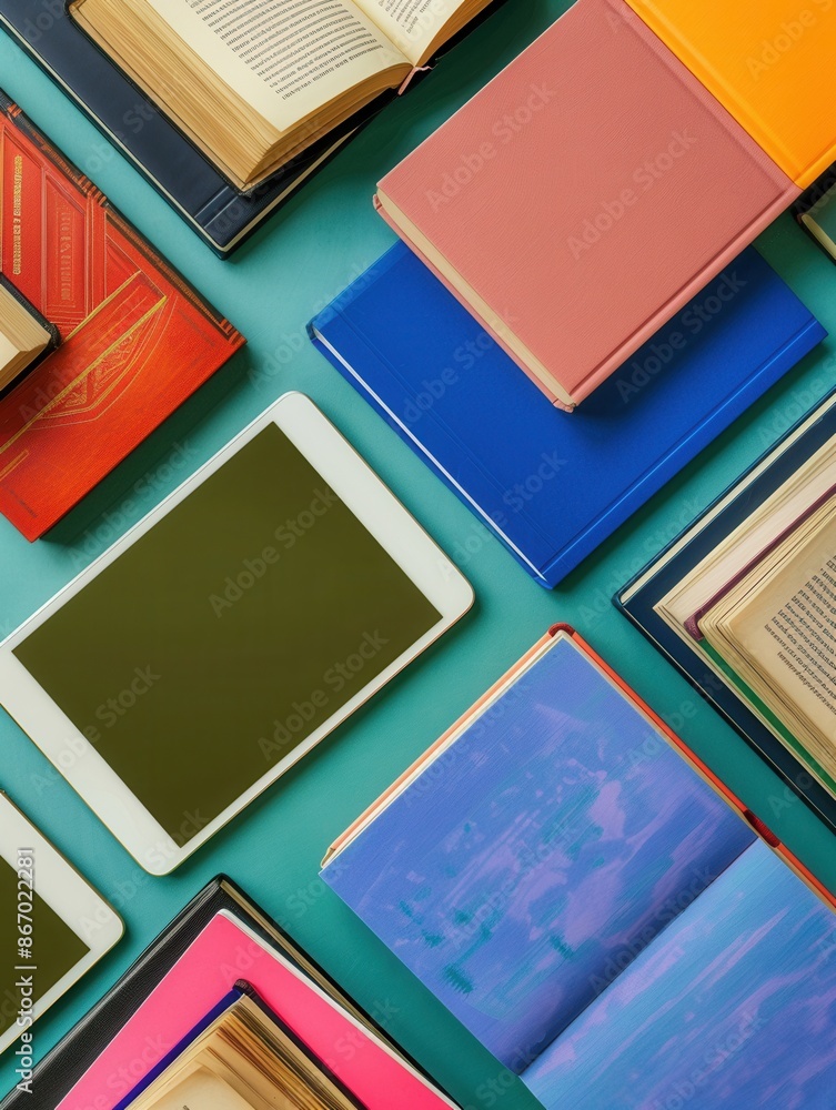 Poster a flat lay image showcasing tablets and traditional textbooks on a teal background, representing the
