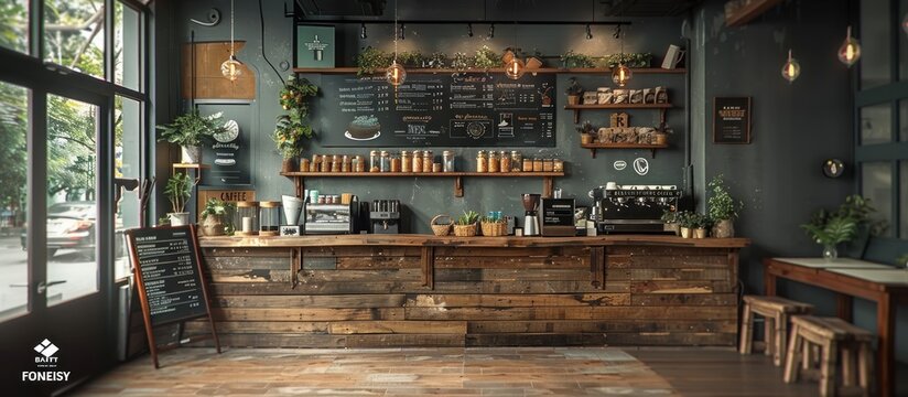 Rustic Coffee Shop Interior with Exposed Wooden Counter