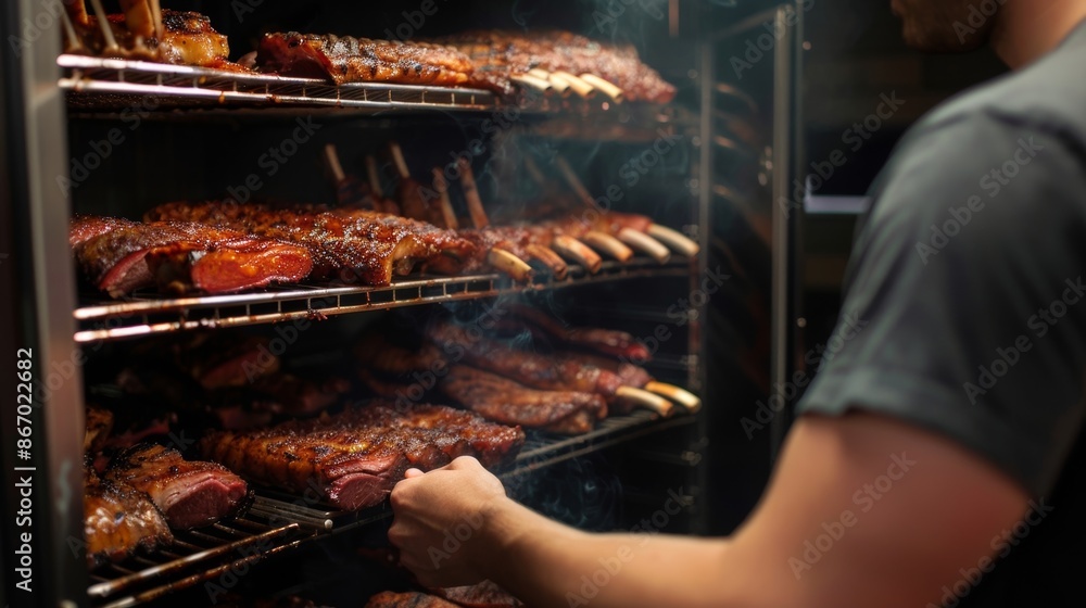 Poster a man tending to a smoker with racks of slowcooked meats ready to be devoured.