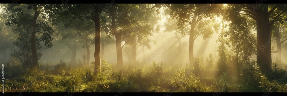 Poster a serene and mystical forest landscape at dawn, with sunbeams piercing through the mist and illumina