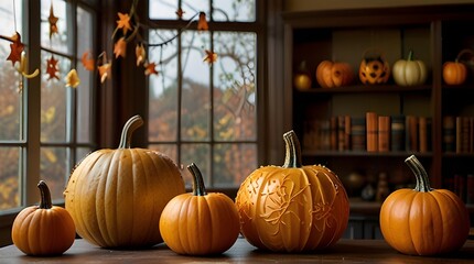 Autumn Splendor: Landscape with Pumpkins and Fall Leaves