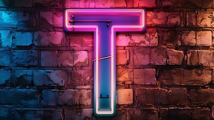 Neon letter T on brick wall background
