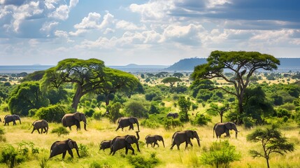 Fototapeta premium A herd of wild elephants walk through the savanna of Tarangire National Park in Tanzania, East Africa. 