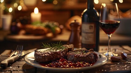 Romantic meal featuring grilled steaks and glasses of smooth red wine in an intimate ambiance.