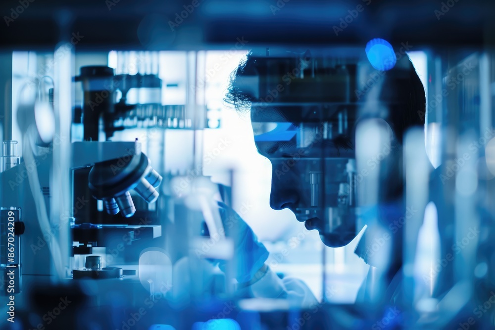 Poster scientist is intensely focused, analyzing samples with a microscope in a lab filled with advanced eq