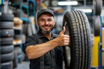 Smiling man giving thumbs up while holding tire in car repair shop, showcasing expertise and professionalism in automotive services