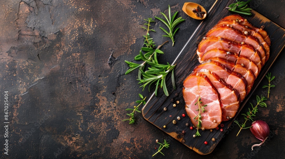 Poster fresh sliced ham as rustic appetizer on table top view with copy space