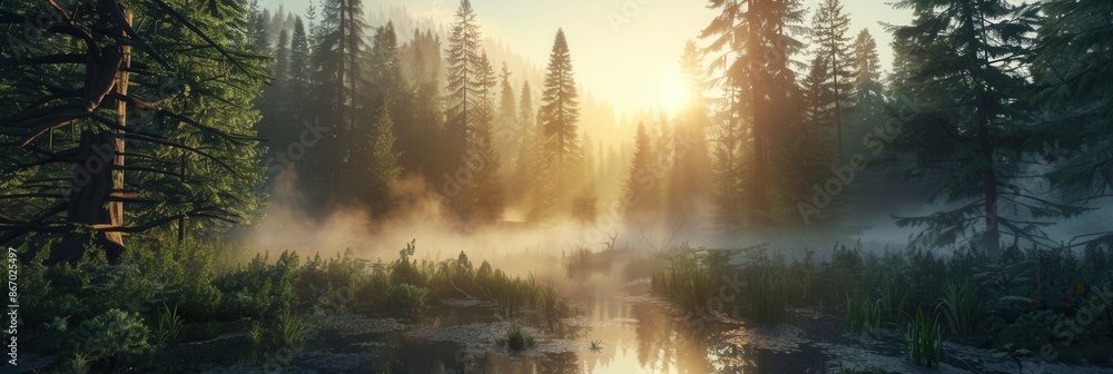 Poster A serene forest landscape bathed in golden sunlight at dawn. Mist swirls through the trees, creating a mystical and enchanting atmosphere. Generative AI