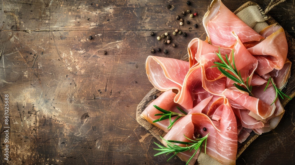 Poster fresh sliced ham as rustic appetizer on table top view with copy space