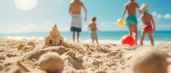 Joyful Family Fun in the Sun: Kids Building Sandcastle, Parents Playing Beach Ball on Bright Summer Day