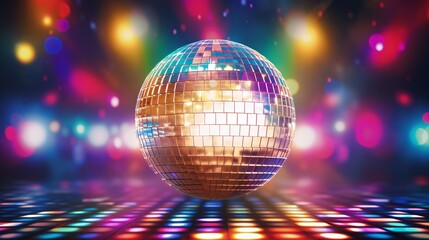 Obraz premium Spinning disco ball creating a kaleidoscope of lights and patterns.