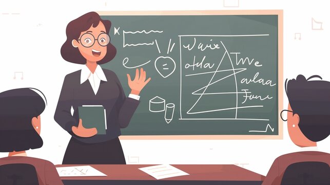 Young Female Teacher Talking In Classroom Giving Lesson Flat Cartoon Illustration