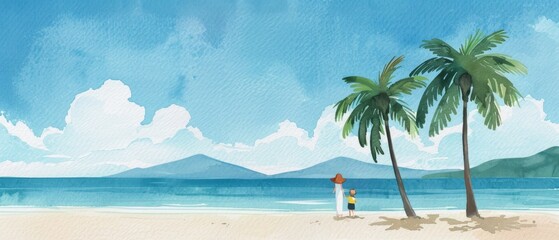 Naklejka premium Joyful Beach Vacation: Watercolor Bliss of Mother & Children Playing, Palm Trees, Blue Skies, Vibrant Colors Celebrating Nature's Beauty