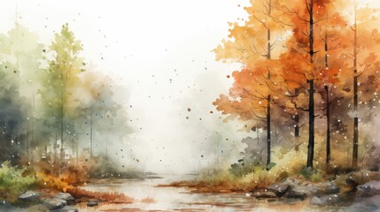 Misty Autumn Forest Watercolor Landscape