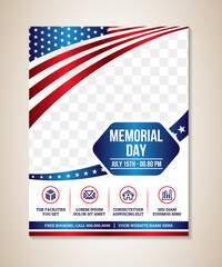 Memorial Day event flyer Template Design. vertical layout poster templates. Vector illustration with space for photo or image. USA flag with blue star frame.