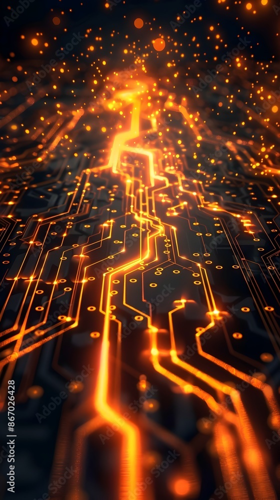 Poster glowing electric circuit board with flowing currents digital technology abstract background