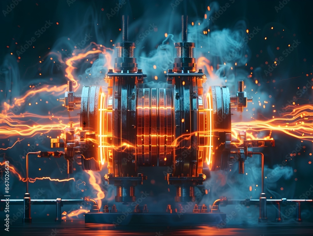Poster dramatic high voltage electric transformer with visible currents creating impactful visual effect