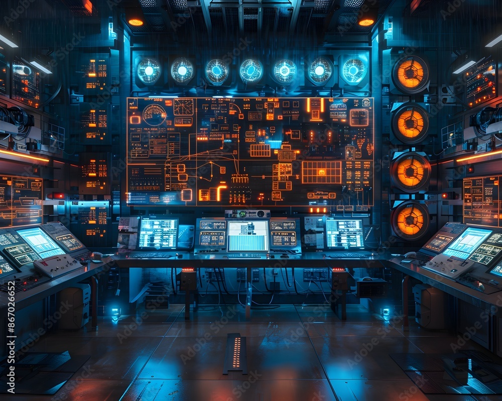 Poster high tech control room with electric currents flowing through various devices and interfaces